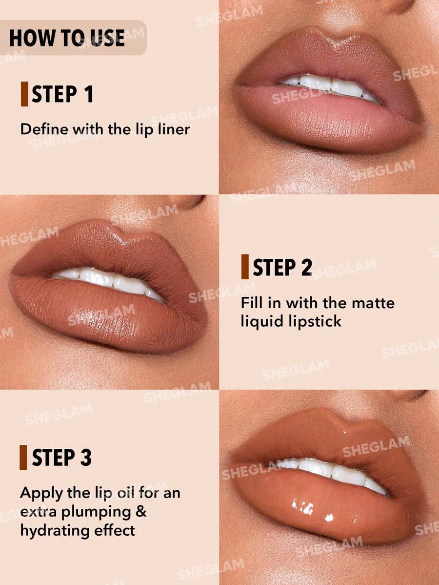 SHEGLAM Lip Liner & Lip Duo Set – 3-in-1 Plumping Gloss & Liquid Lipstick