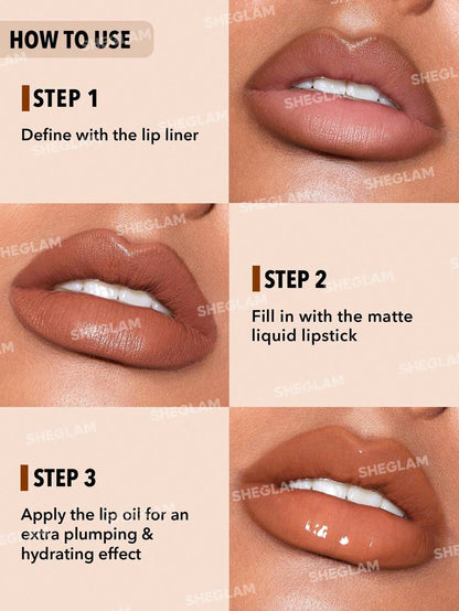SHEGLAM Lip Liner & Lip Duo Set – 3-in-1 Plumping Gloss & Liquid Lipstick
