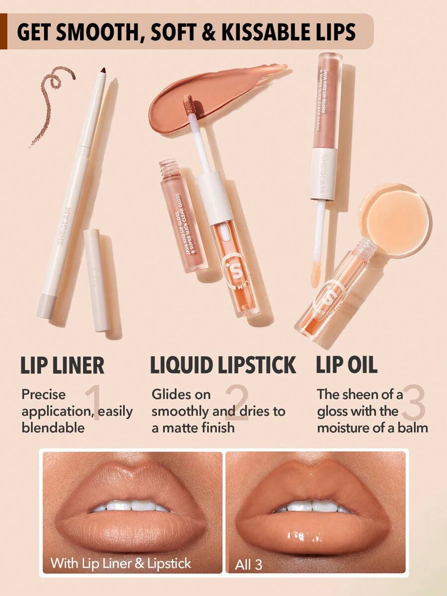SHEGLAM Lip Liner & Lip Duo Set – 3-in-1 Plumping Gloss & Liquid Lipstick