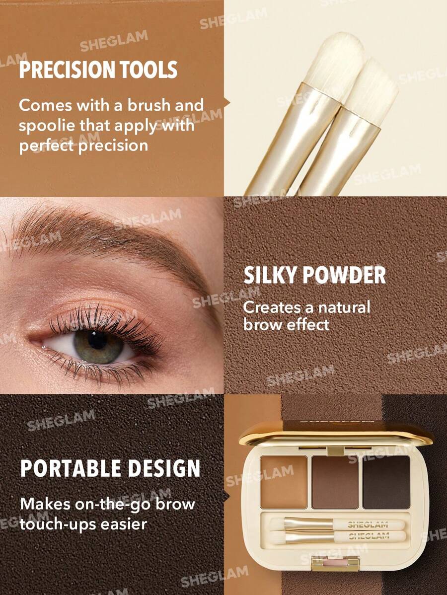 SHEGLAM 3-Color Eyebrow Palette – Matte Brow Powder & Wax Kit with Brush