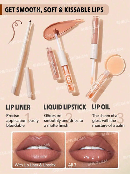 SHEGLAM Lip Liner & Lip Duo Set – 3-in-1 Plumping Gloss & Liquid Lipstick
