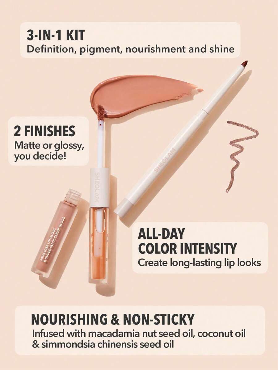 SHEGLAM Lip Liner & Lip Duo Set – 3-in-1 Plumping Gloss & Liquid Lipstick