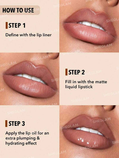 SHEGLAM Lip Liner & Lip Duo Set – 3-in-1 Plumping Gloss & Liquid Lipstick