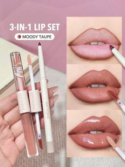 SHEGLAM Lip Liner & Lip Duo Set – 3-in-1 Plumping Gloss & Liquid Lipstick