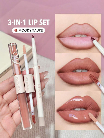 SHEGLAM Lip Liner & Lip Duo Set – 3-in-1 Plumping Gloss & Liquid Lipstick