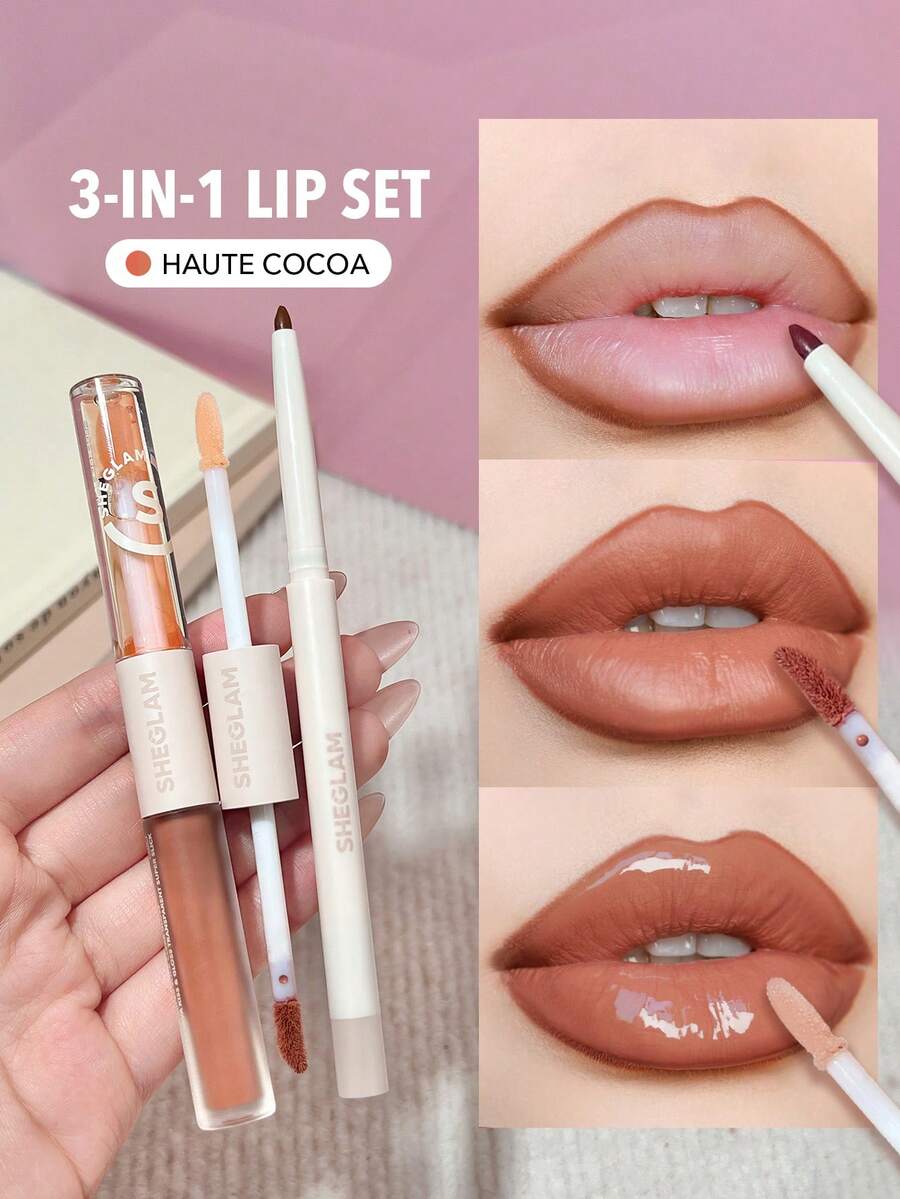 SHEGLAM Lip Liner & Lip Duo Set – 3-in-1 Plumping Gloss & Liquid Lipstick