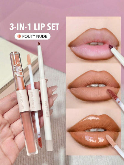 SHEGLAM Lip Liner & Lip Duo Set – 3-in-1 Plumping Gloss & Liquid Lipstick